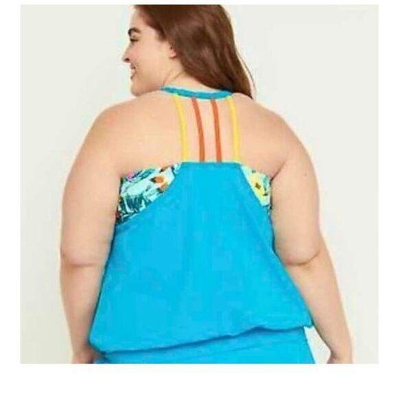 Swim by Cacique Blue Tropical Print Tankini Top Lightly Lined No Wire Size 28 - Picture 2 of 9